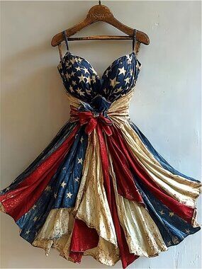 Women'S Retro Independence Day Style Camisole V-neck Padded A-line Waist Belted
